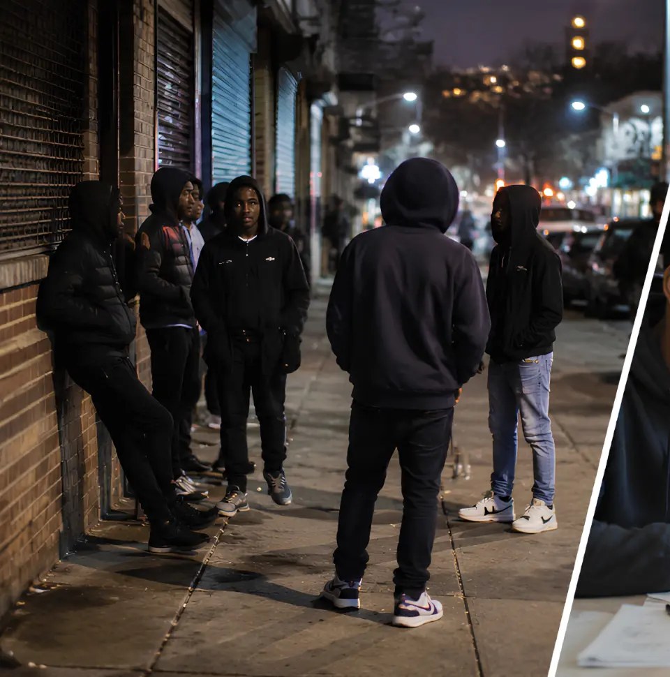 Diverse teenagers gathered in an urban neighborhood at dusk