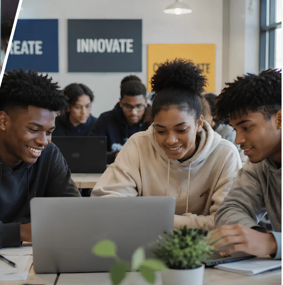 Diverse young adults collaborating around laptops in an AI workforce training session